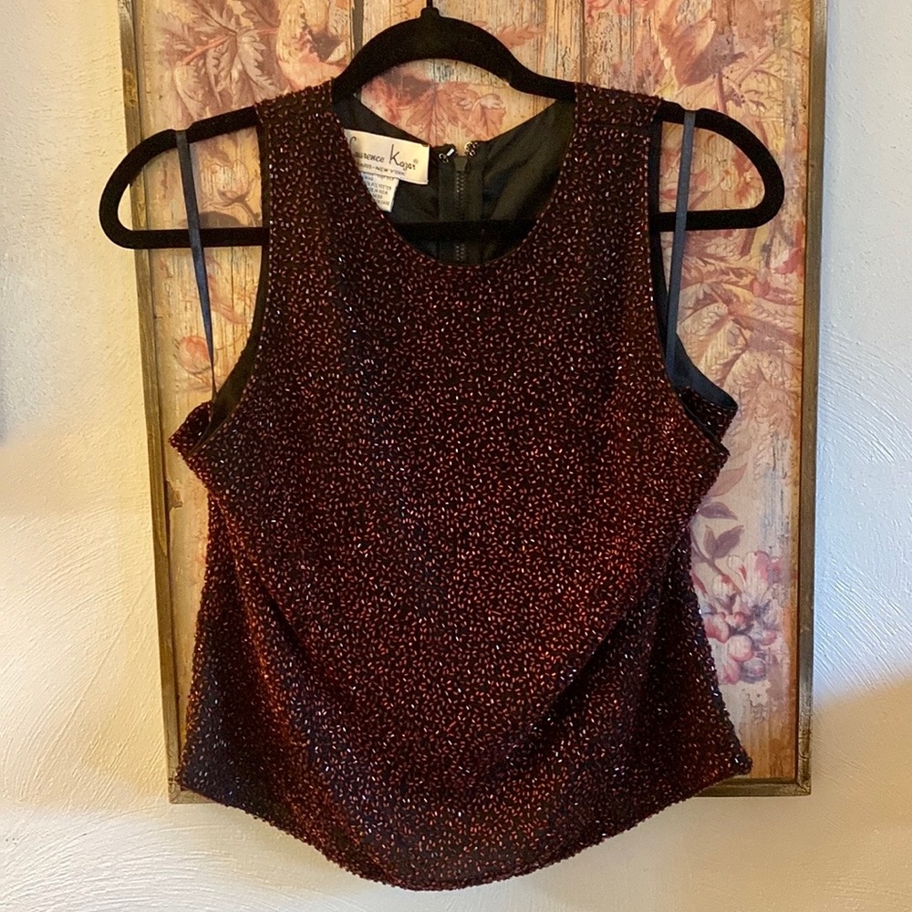 VINTAGE LAURENCE KAZAR DESIGNER SILK BEADED HIGH NECK TOP SLEEVELESS BLOUSE XL